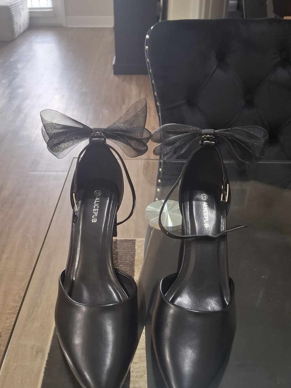 Women’s Black Pointed-Toe Bow Ankle Strap Heels